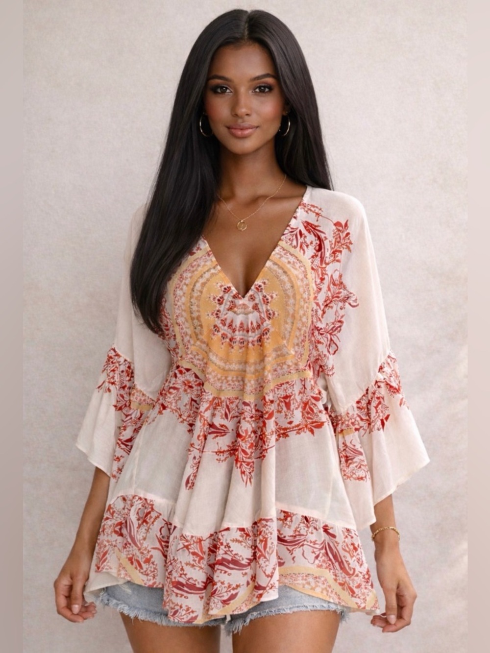 Free People "Sunset Dreams" Printed Boho Bell Sleeves Tunic - Size XS